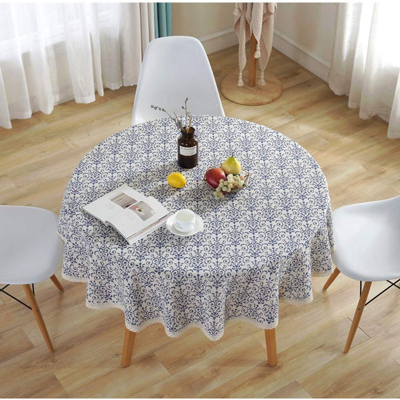 AMZALI Vintage Washable Cotton Linen Fabric Navy Damask Pattern Decorative Macrame Lace Round Tablecloth Dinner Picnic Table Cloth Home Decorative Table Top Cover (60 inch Diameter) - Image 3